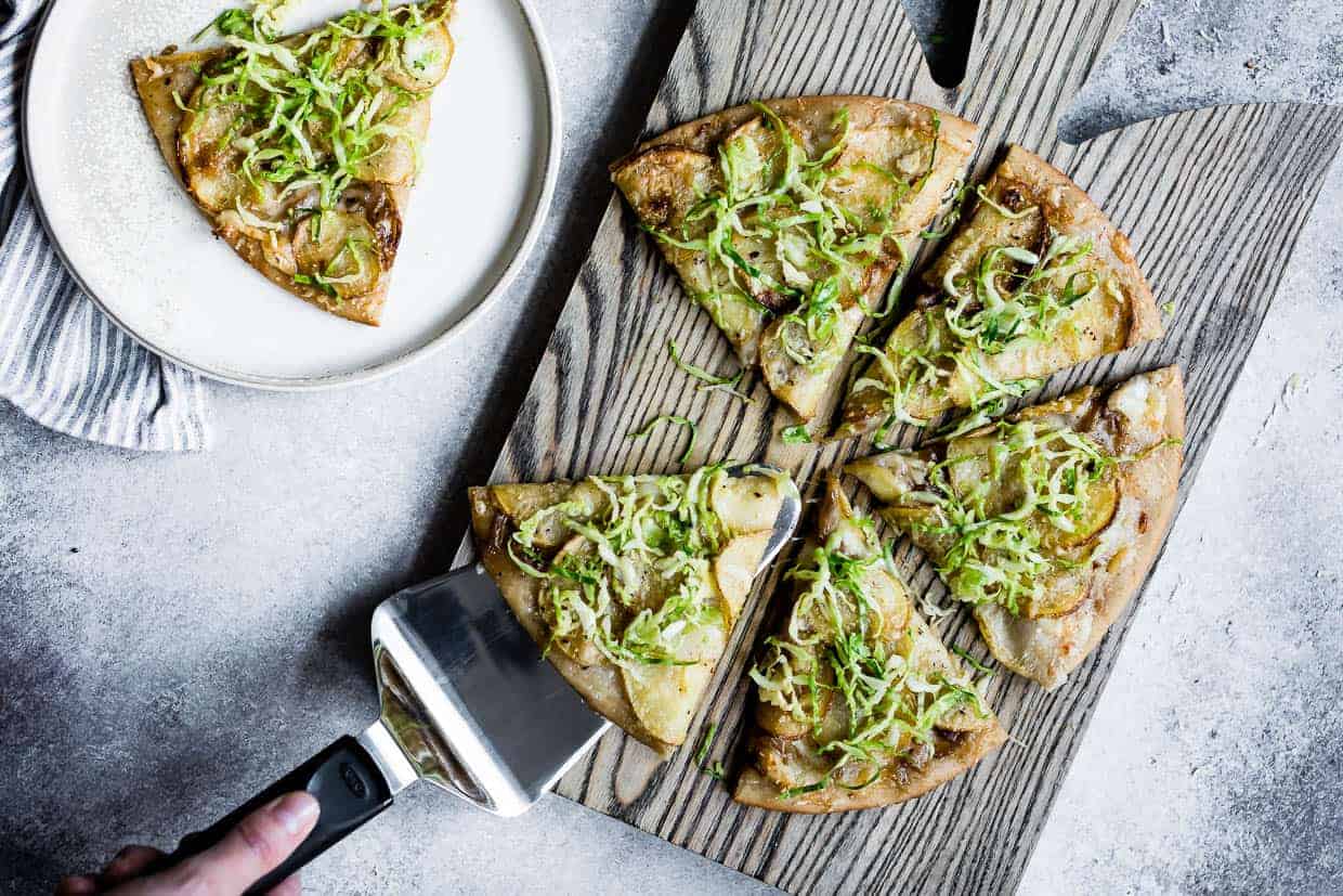 Roasted Potato Pizza with Shaved Brussels Sprout Slaw