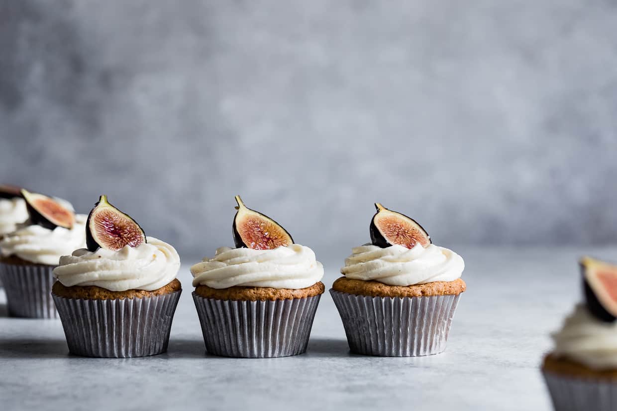 Gluten-Free Vanilla Cupcakes with Goat Cheese Frosting & Brûléed Figs