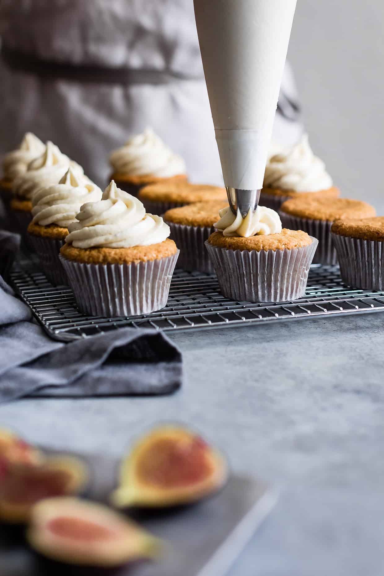 Gluten-Free Vanilla Cupcakes with Goat Cheese Frosting & Brûléed Figs