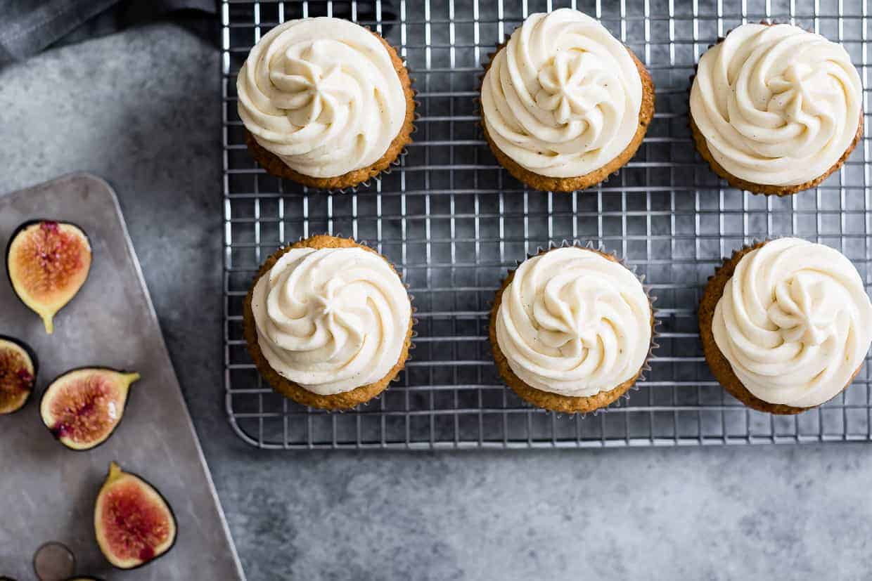 Gluten-Free Vanilla Cupcakes with Goat Cheese Frosting & Brûléed Figs