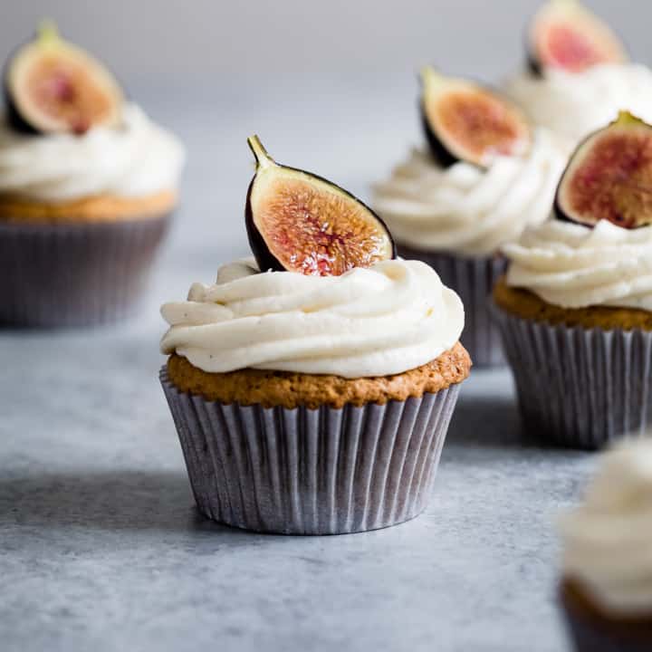 Gluten-Free Vanilla Cupcakes with Goat Cheese Frosting & Brûléed Figs