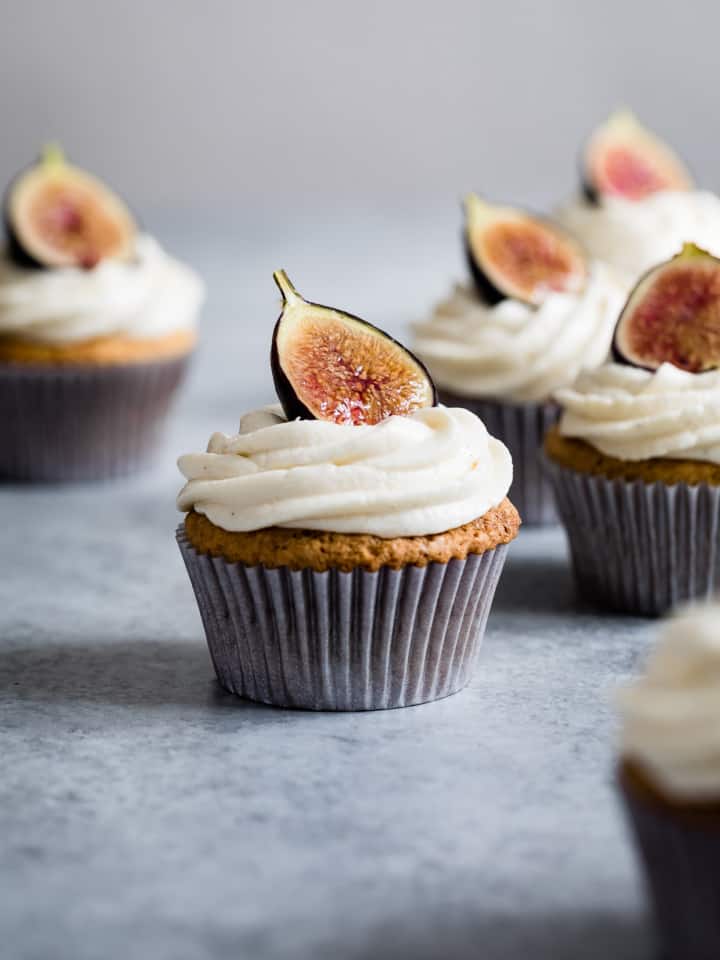 Gluten-Free Vanilla Cupcakes with Goat Cheese Frosting & Brûléed Figs