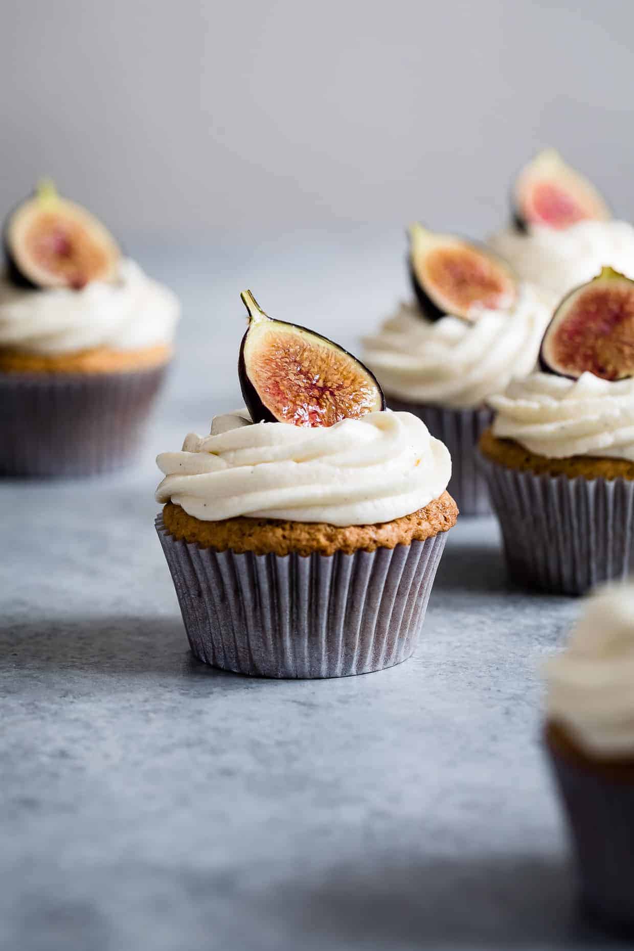 Gluten-Free Vanilla Cupcakes with Goat Cheese Frosting & Brûléed Figs