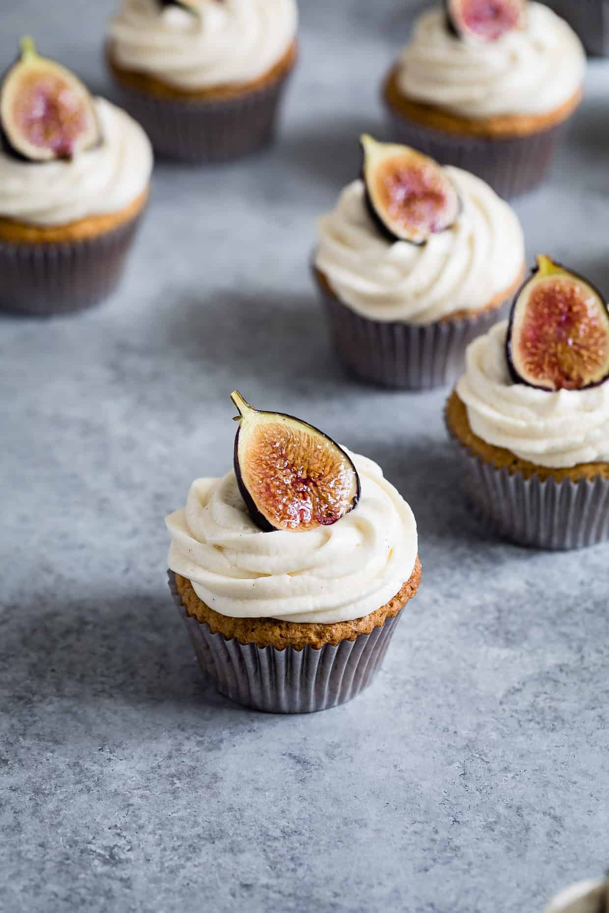 Gluten-Free Vanilla Cupcakes with Goat Cheese Frosting & Brûléed Figs