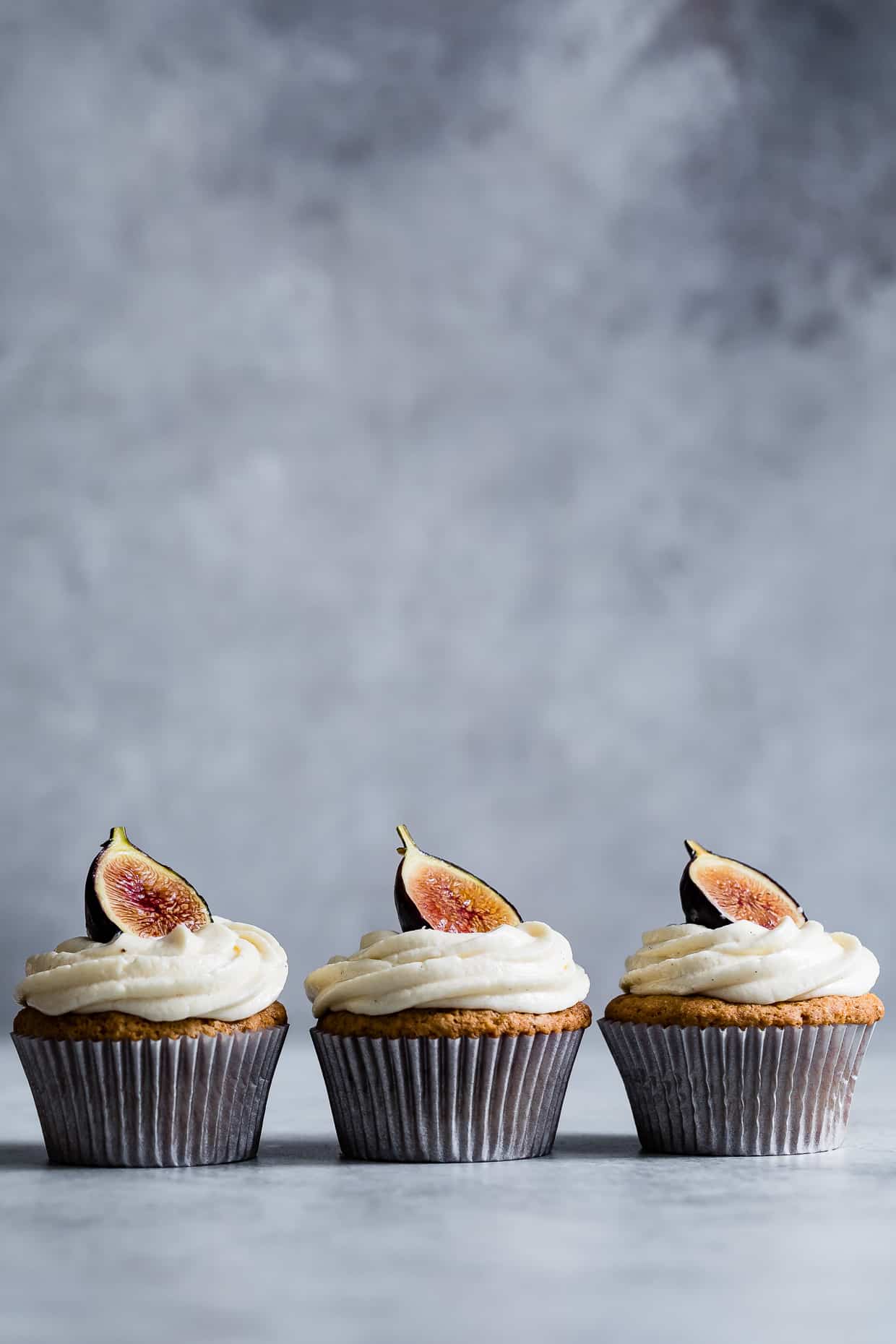 Gluten-Free Vanilla Cupcakes with Goat Cheese Frosting & Brûléed Figs