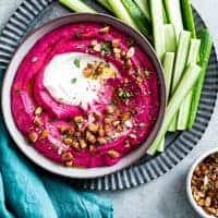 Beet Cashew Hummus with Garlic Yogurt Tahini Swirl