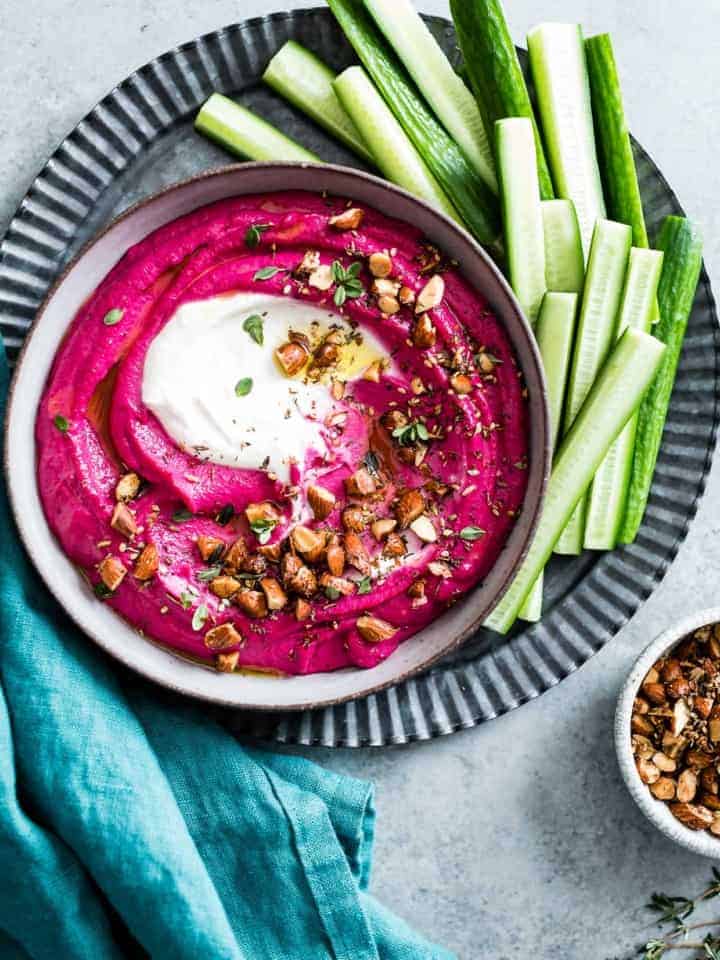 Beet Cashew Hummus with Garlic Yogurt Tahini Swirl