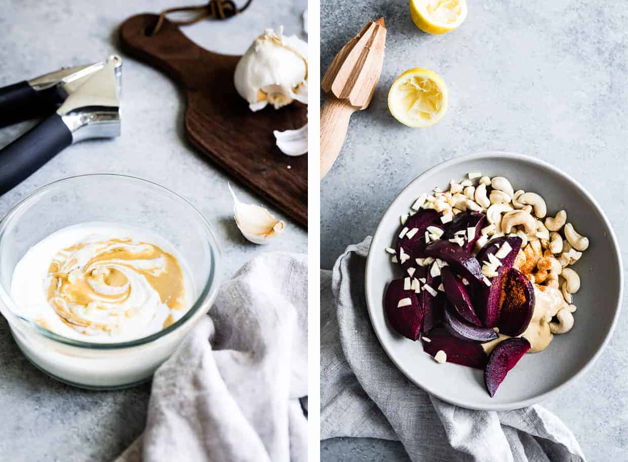 Beet Cashew Hummus with Garlic Yogurt Tahini Swirl