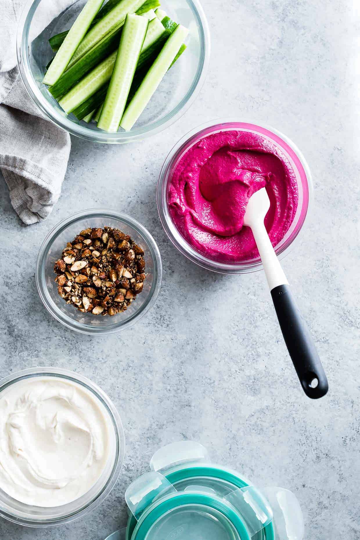 Beet Cashew Hummus with Garlic Yogurt Tahini Swirl