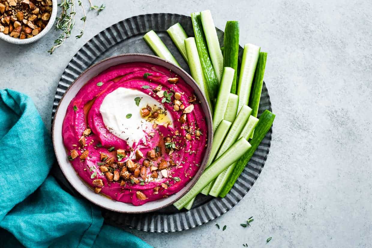 Beet Cashew Hummus with Garlic Yogurt Tahini Swirl