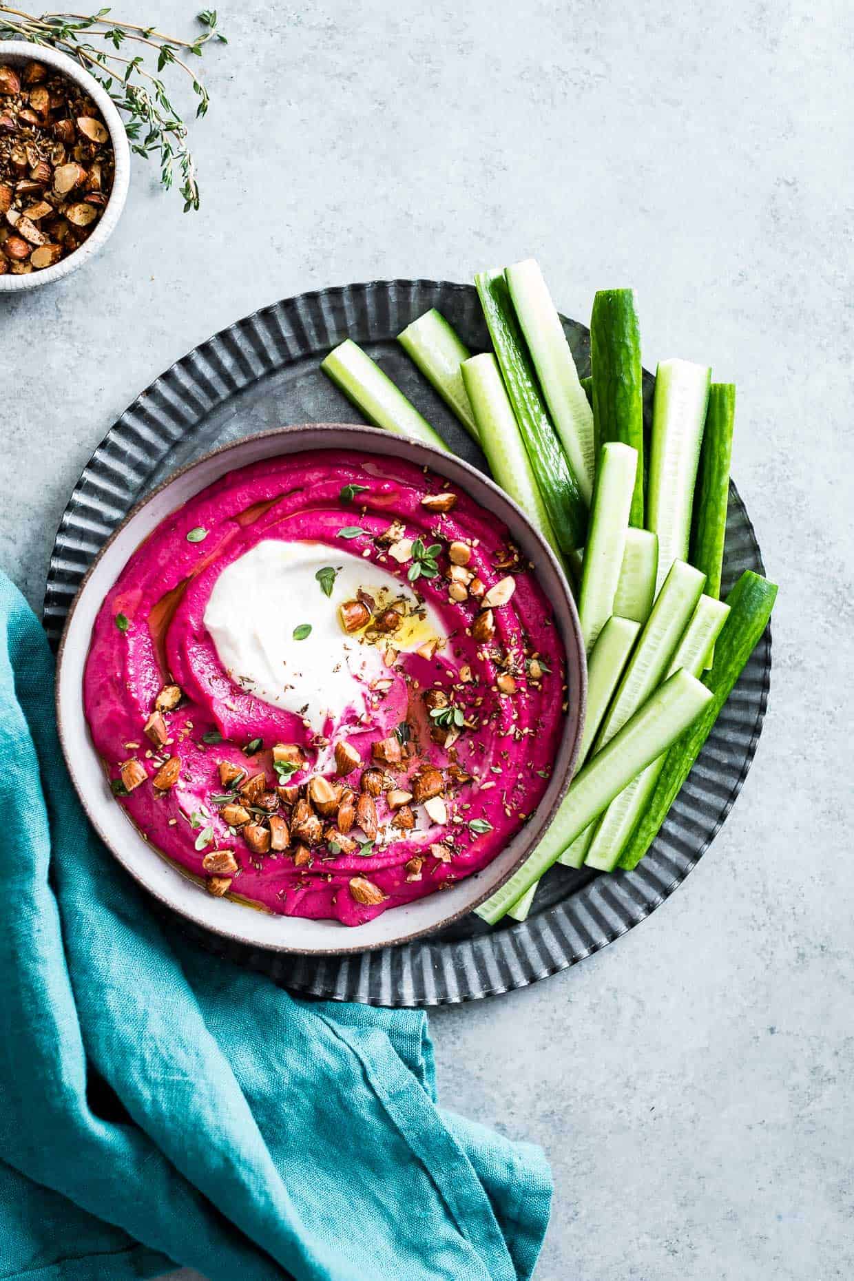 Beet Cashew Hummus with Garlic Yogurt Tahini Swirl