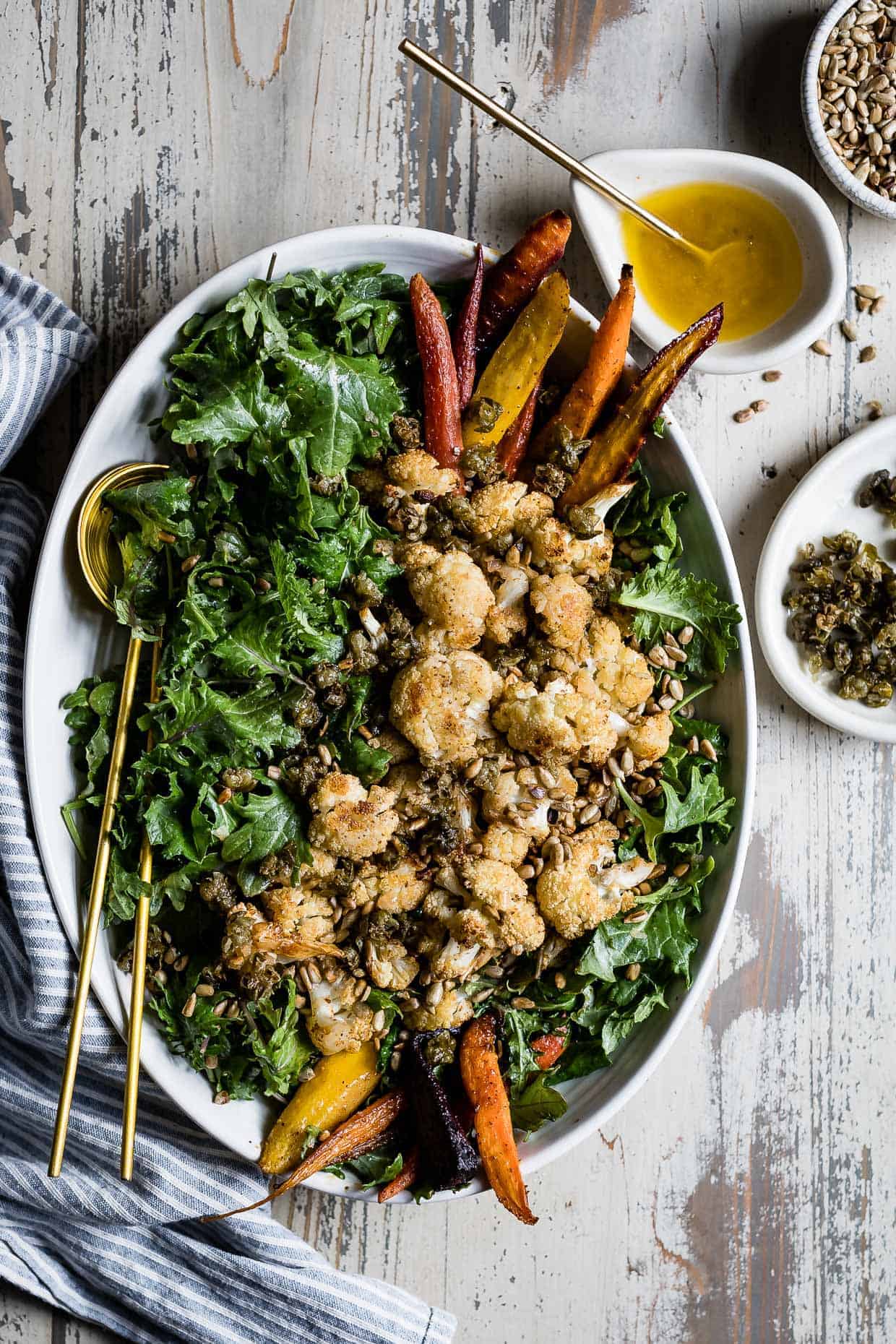 Roasted Cauliflower Kale Salad with Lemon Brown Butter Dressing and Crispy Capers