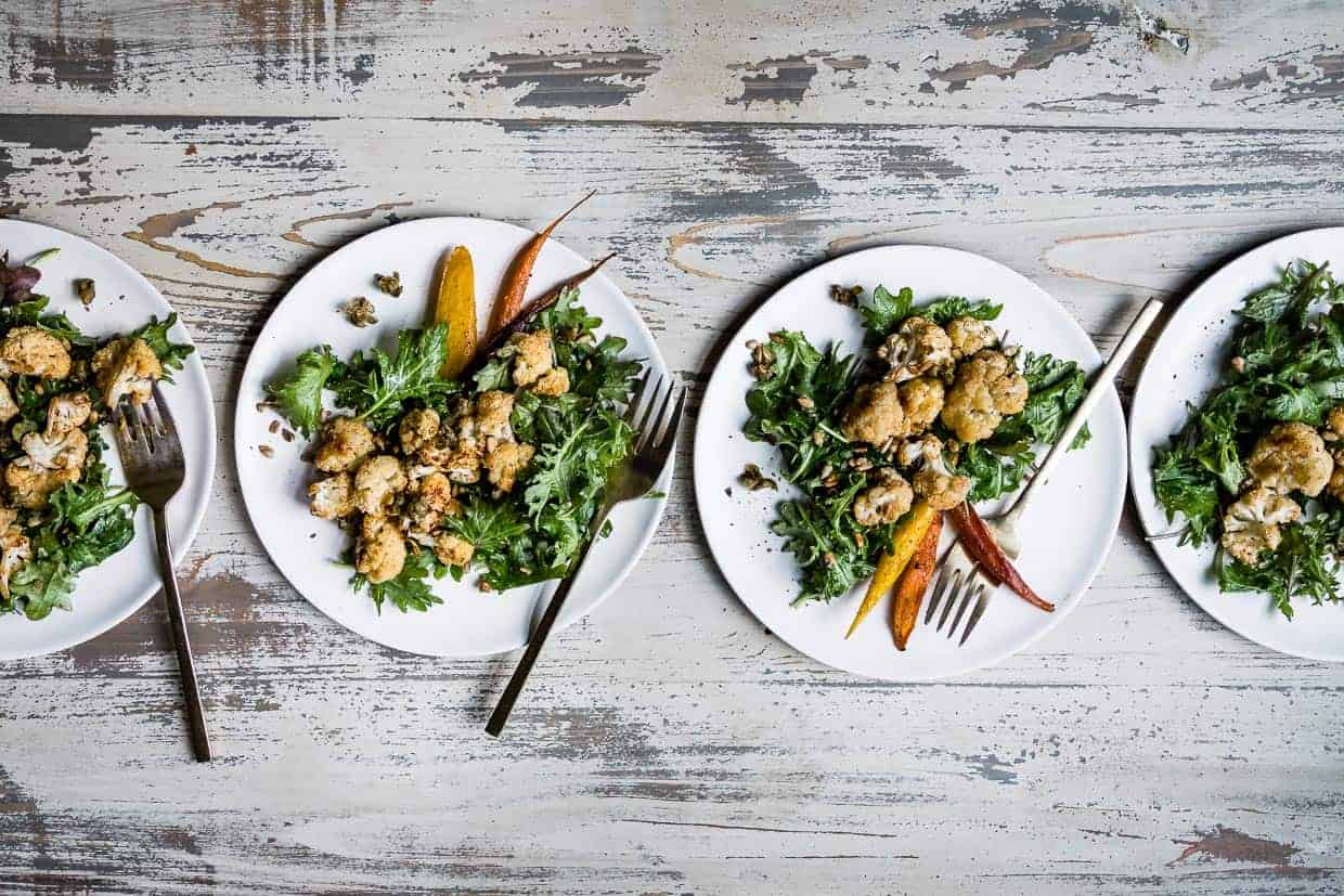 Roasted Cauliflower Kale Salad with Lemon Brown Butter Dressing and Crispy Capers