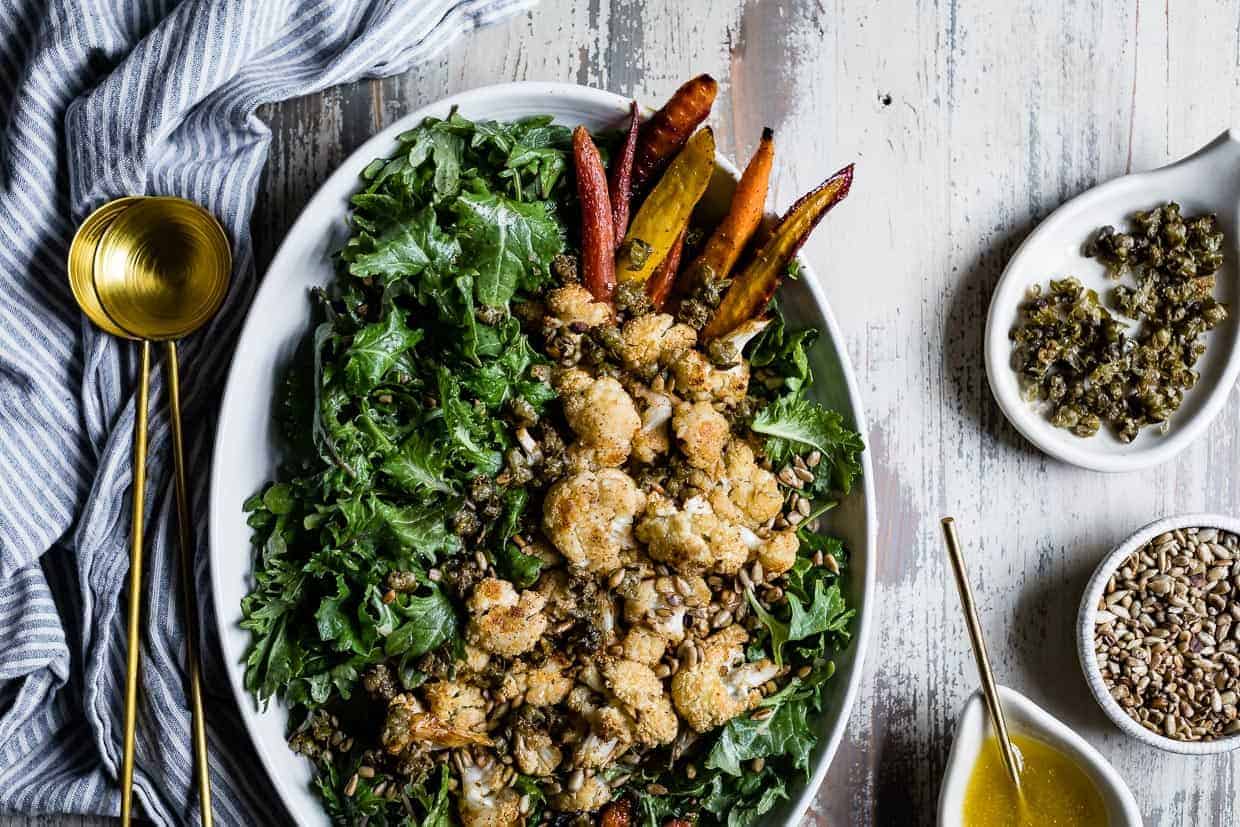 Roasted Cauliflower Kale Salad with Lemon Brown Butter Dressing and Crispy Capers