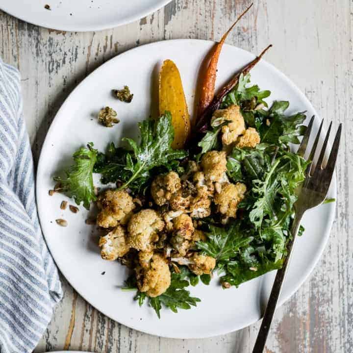Roasted Cauliflower Kale Salad with Lemon Brown Butter Dressing and Crispy Capers