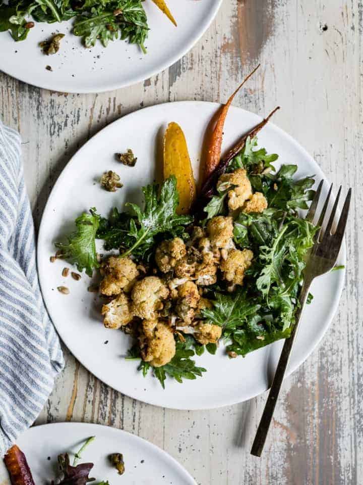 Roasted Cauliflower Kale Salad with Lemon Brown Butter Dressing and Crispy Capers