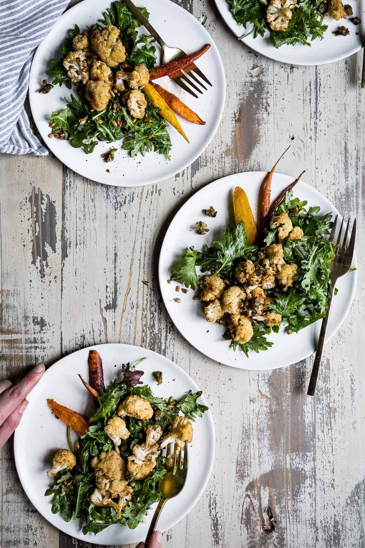 Roasted Cauliflower Kale Salad with Lemon Brown Butter Dressing and Crispy Capers