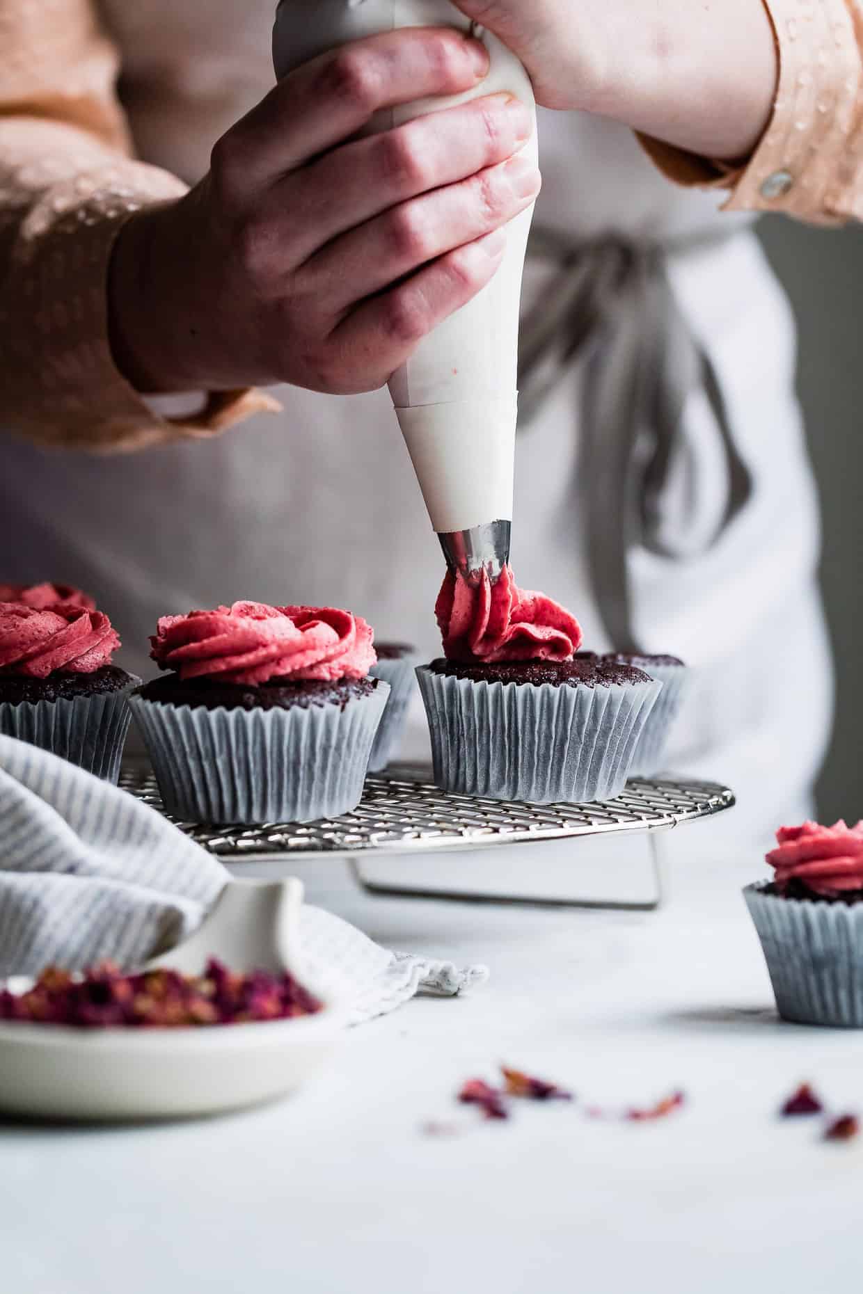 Gluten-Free Chocolate Cupcakes with Strawberry Rose Buttercream