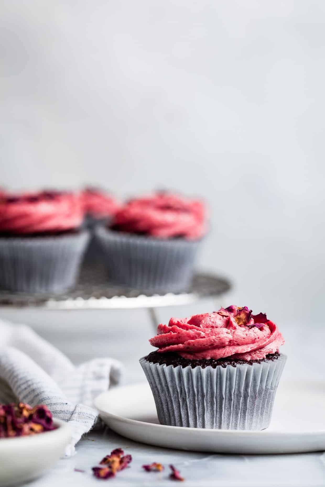 Gluten-Free Chocolate Cupcakes with Strawberry Rose Buttercream