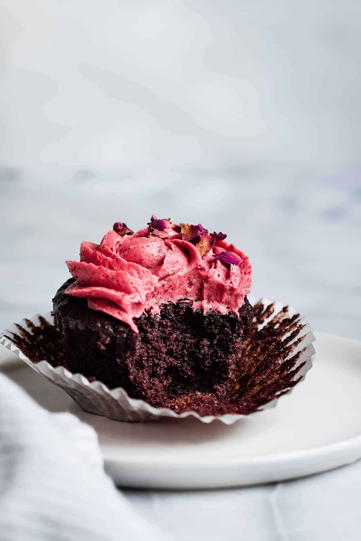 Gluten-Free Chocolate Cupcakes with Strawberry Rose Buttercream