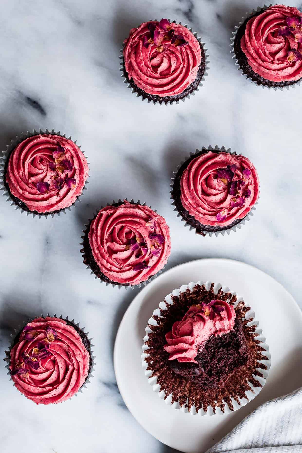 Gluten-Free Chocolate Cupcakes with Strawberry Rose Buttercream