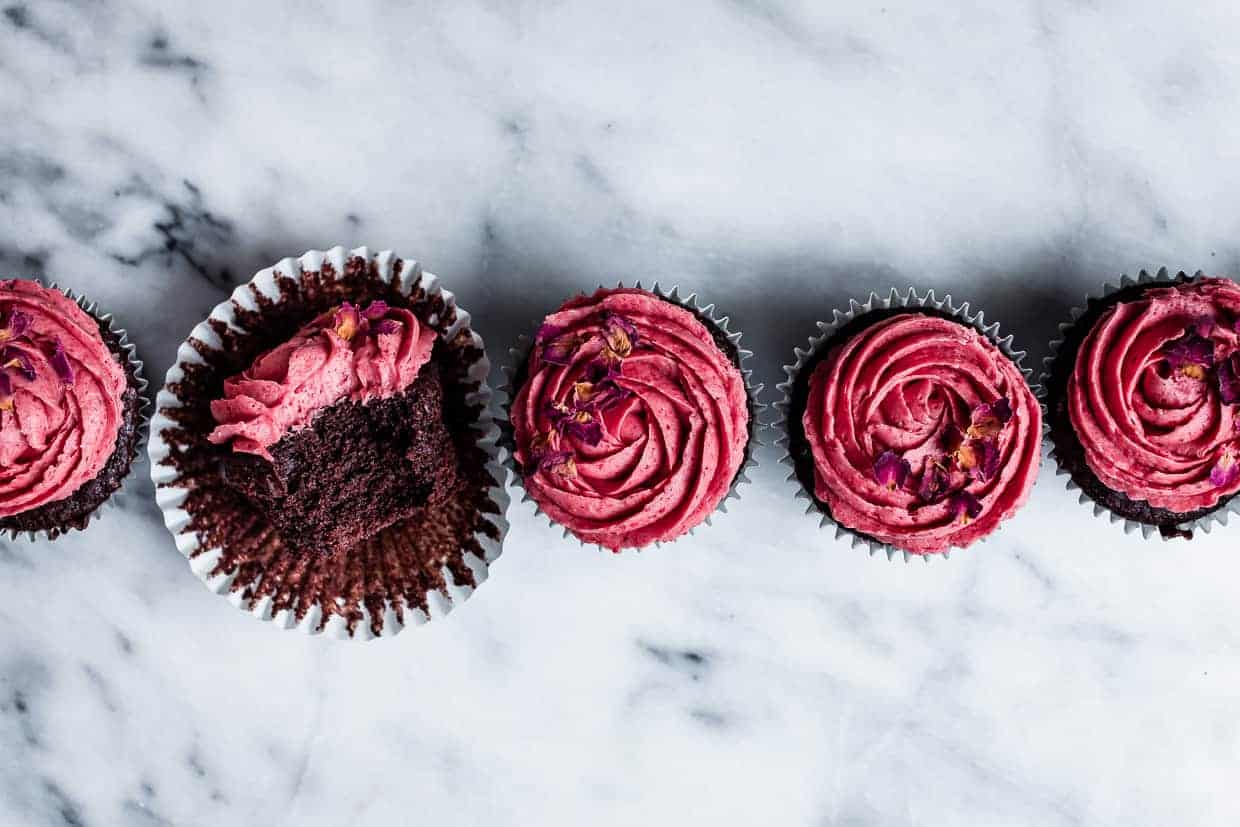 Gluten-Free Chocolate Cupcakes with Strawberry Rose Buttercream