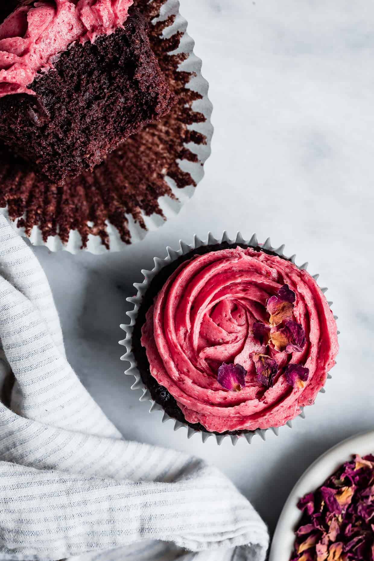 Gluten-Free Chocolate Cupcakes with Strawberry Rose Buttercream