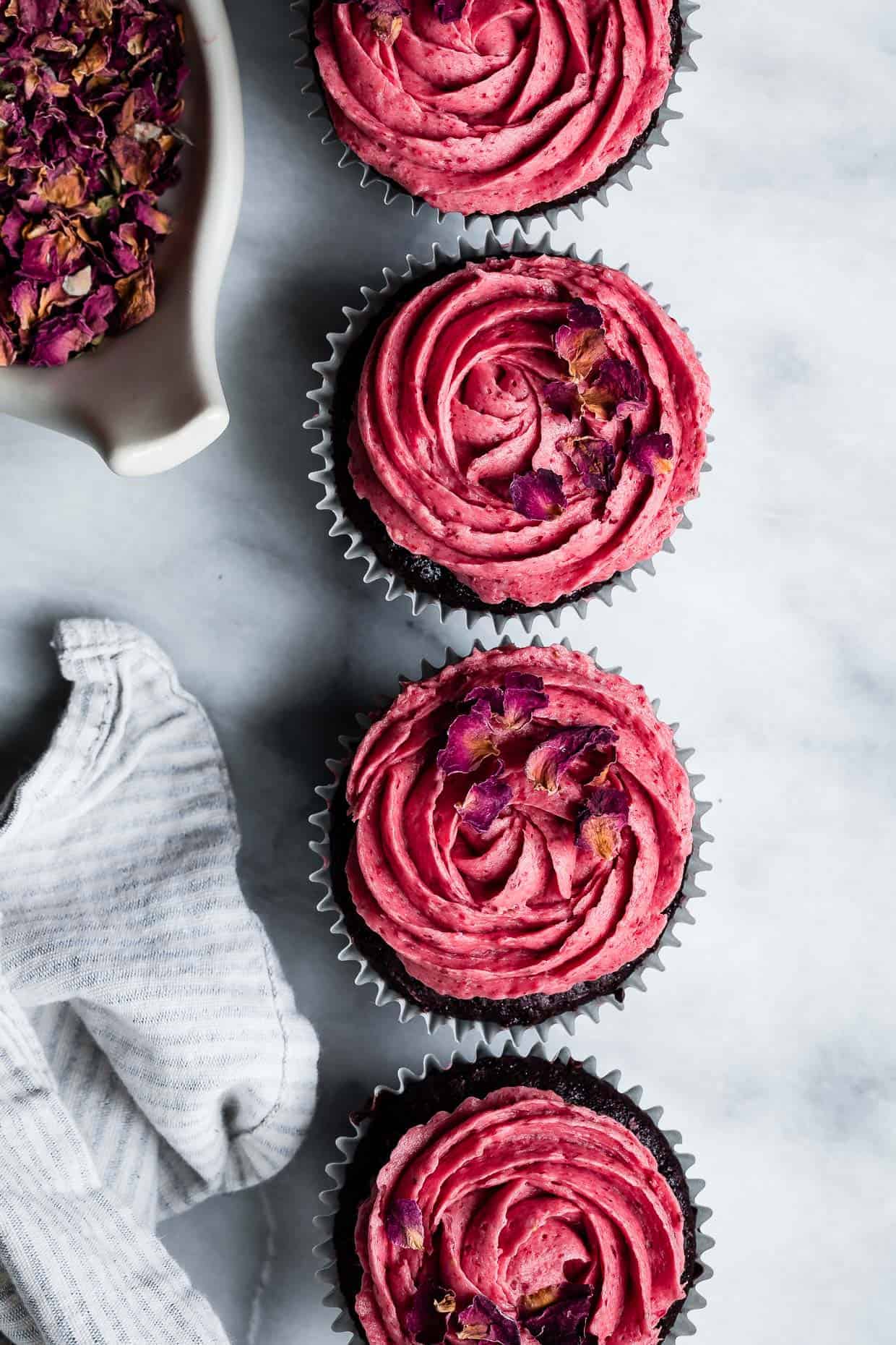 Gluten-Free Chocolate Cupcakes with Strawberry Rose Buttercream