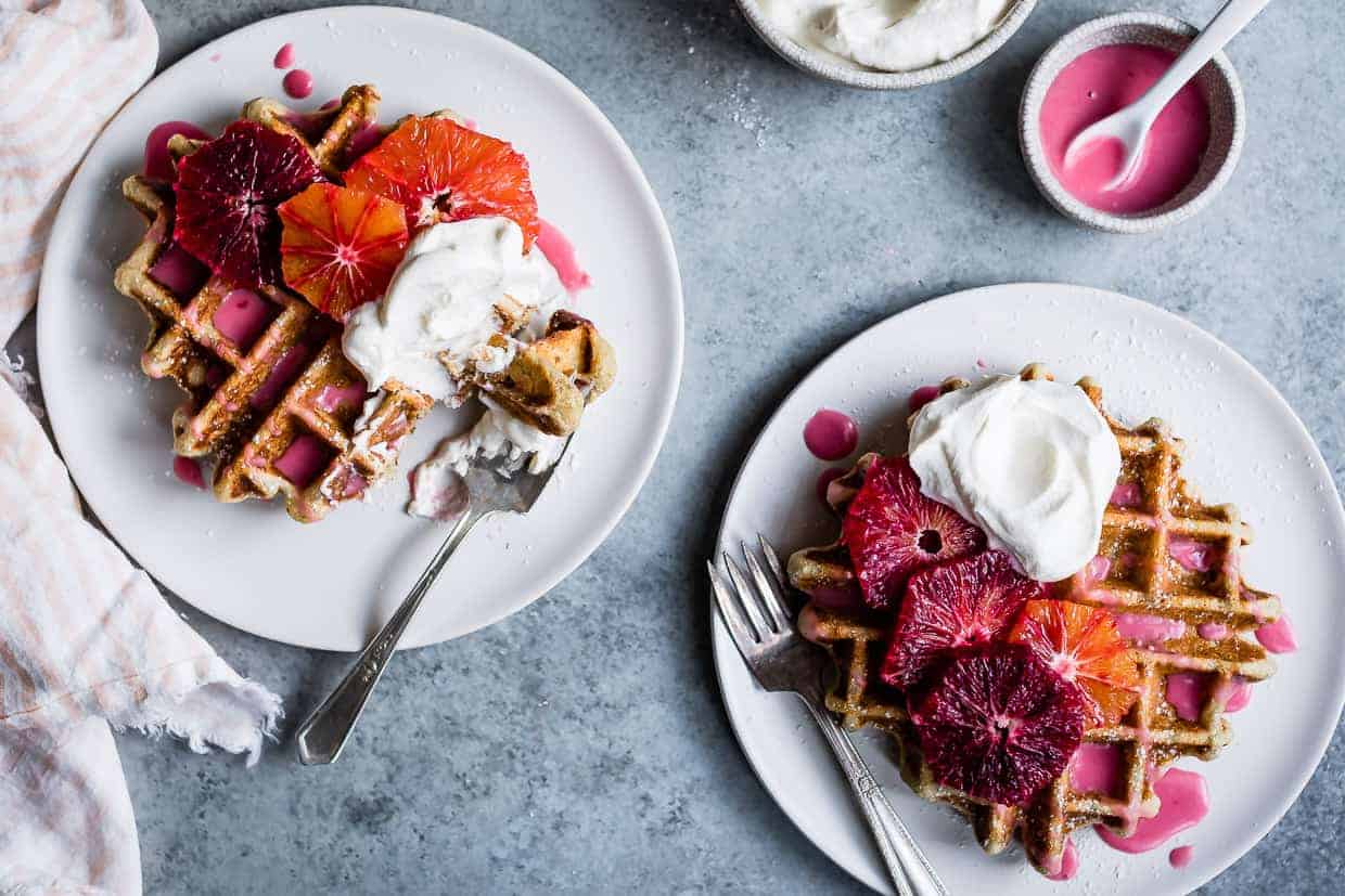 Oat Chamomile Waffles with Blood Orange Glaze