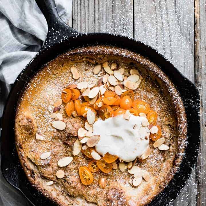 Gluten-Free Almond Dutch Baby with Honeyed Kumquats and Vanilla Creme Fraiche