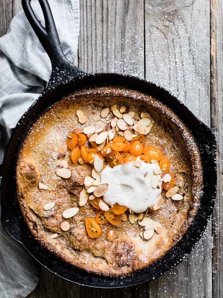 Gluten-Free Almond Dutch Baby with Honeyed Kumquats and Vanilla Creme Fraiche