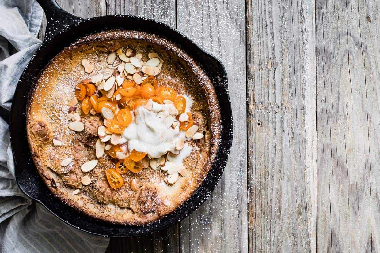 Gluten-Free Almond Dutch Baby with Honeyed Kumquats and Vanilla Creme Fraiche