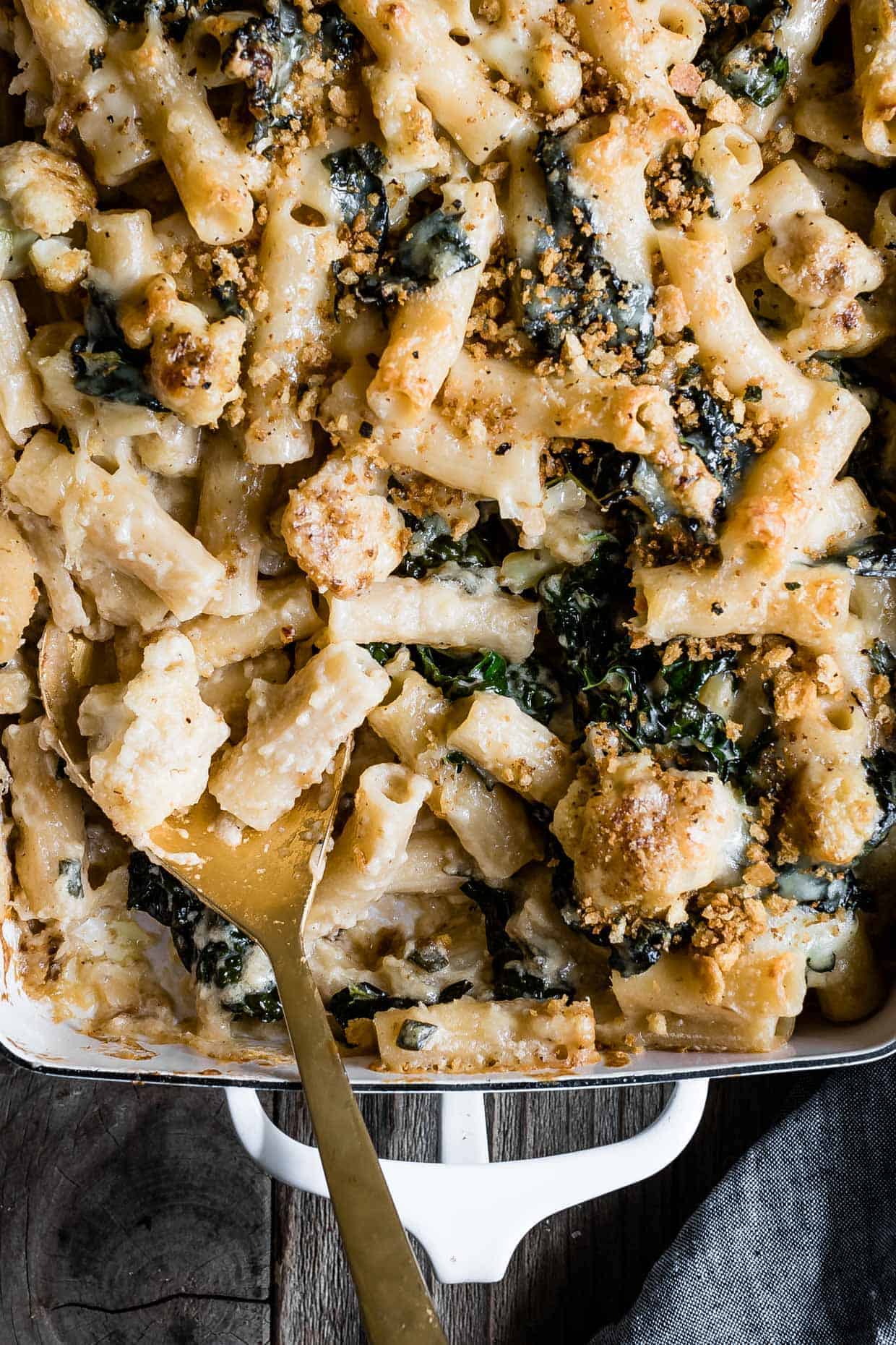 Cheesy Cauliflower and Kale Baked Rigatoni