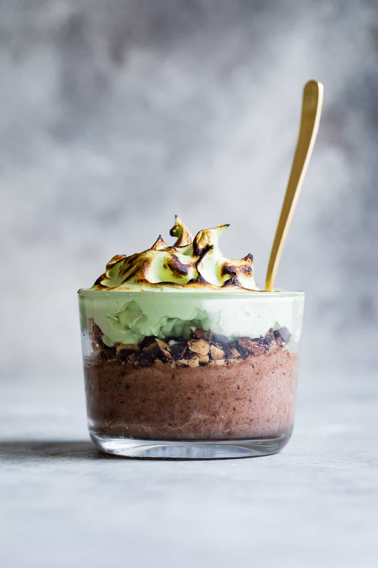 Mint Chocolate Mousse with Toasted Matcha Meringue