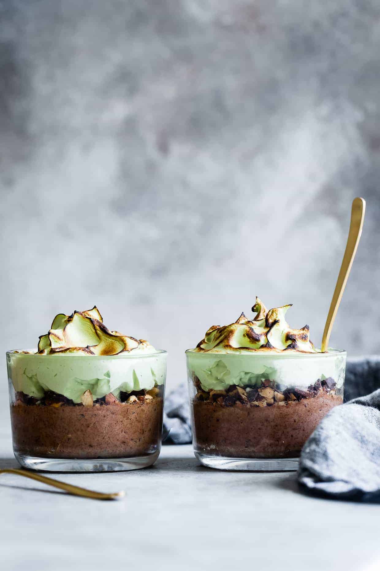 Mint Chocolate Mousse with Toasted Matcha Meringue