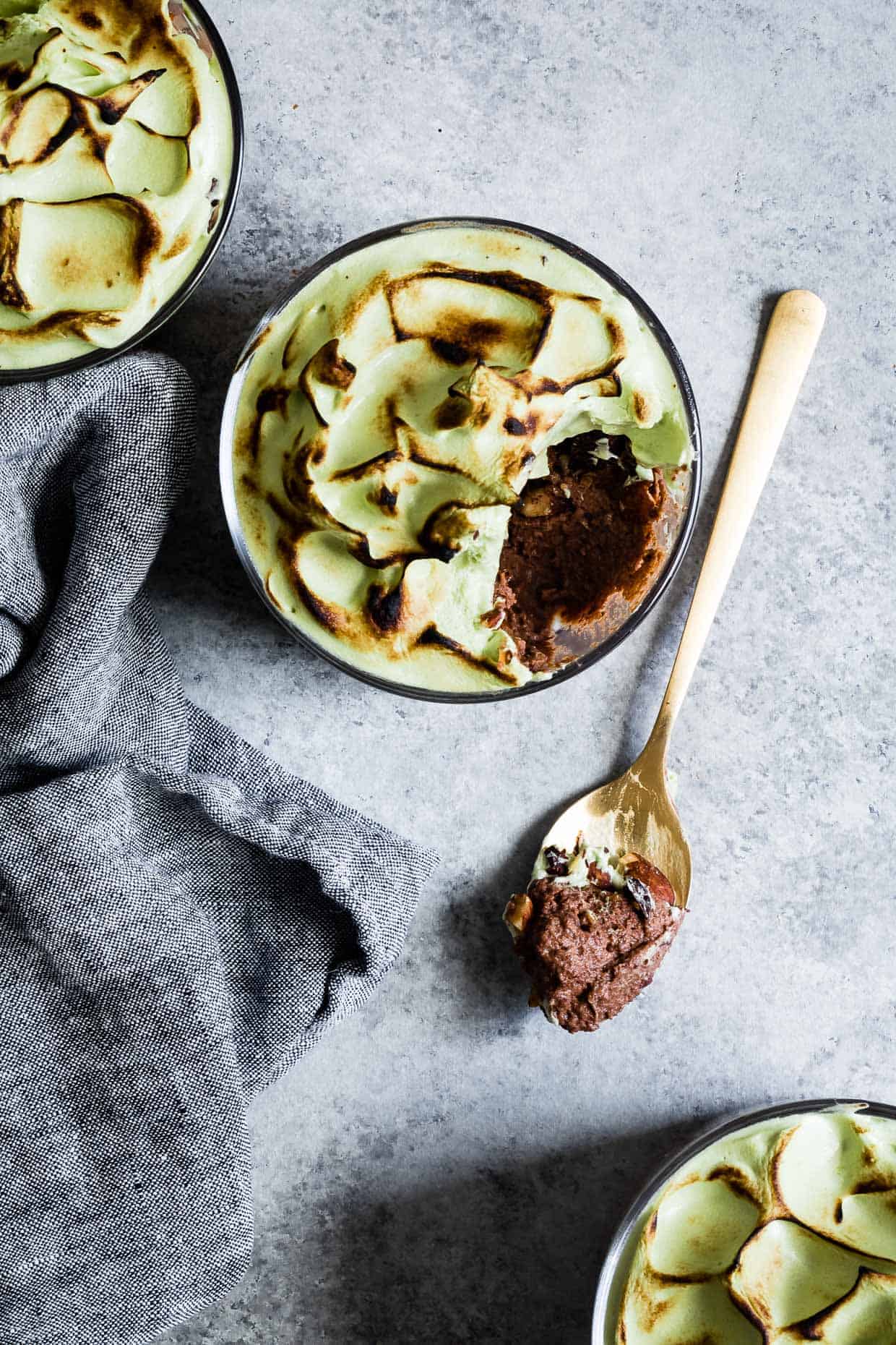 Mint Chocolate Mousse with Toasted Matcha Meringue