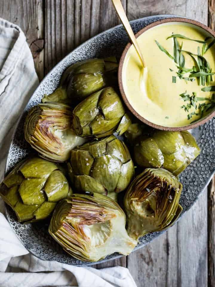 White Wine Braised Artichokes with Cashew Mandarin Tarragon Aioli