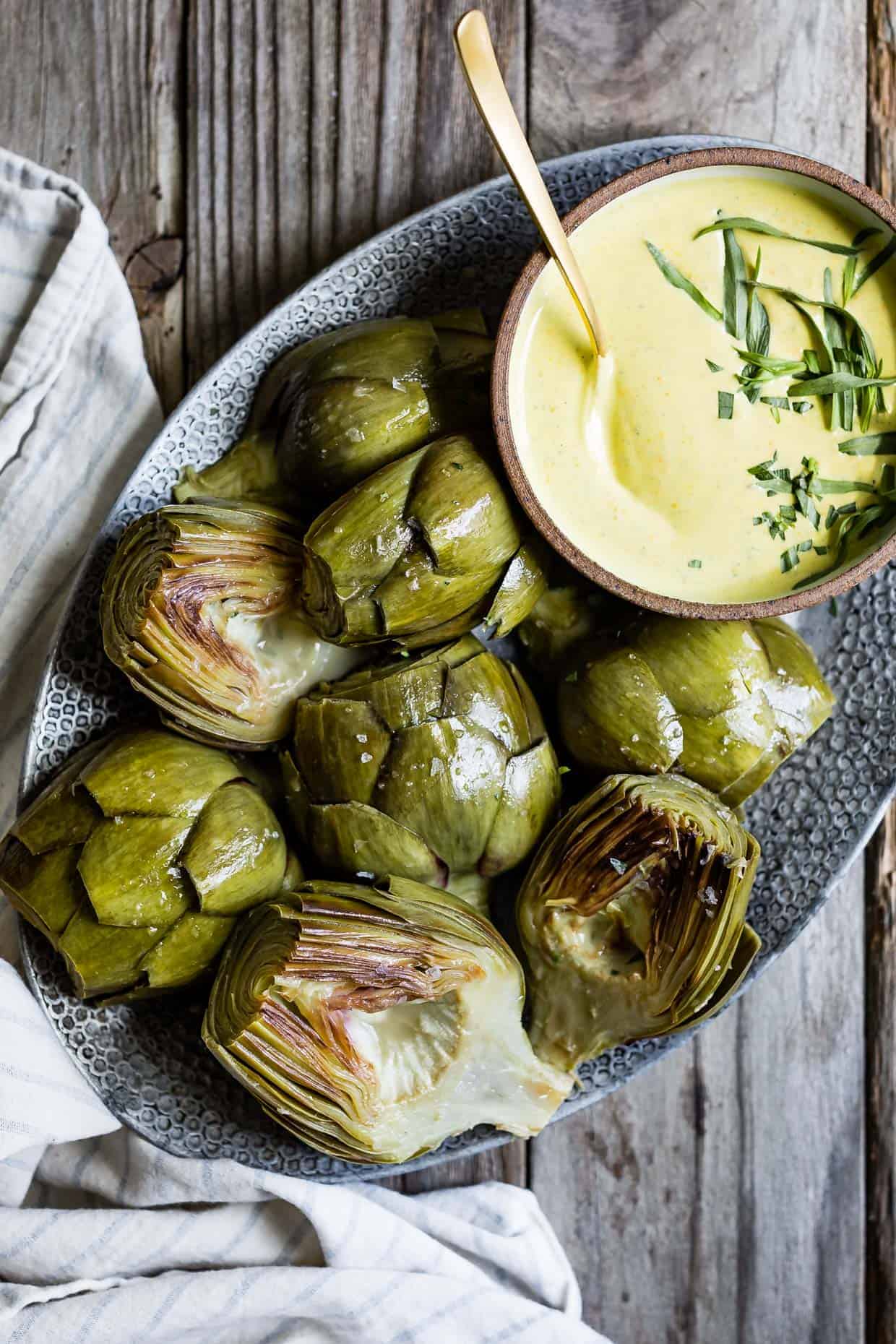 White Wine Braised Artichokes with Cashew Mandarin Tarragon Aioli