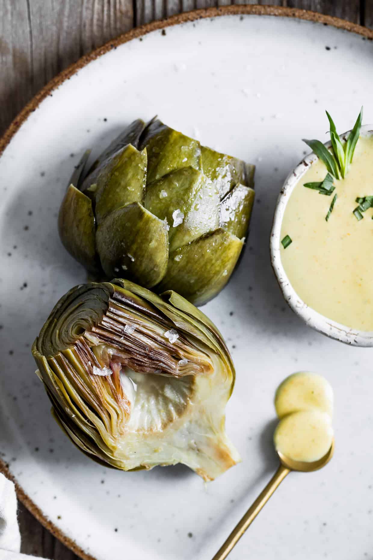 White Wine Braised Artichokes with Cashew Mandarin Tarragon Aioli