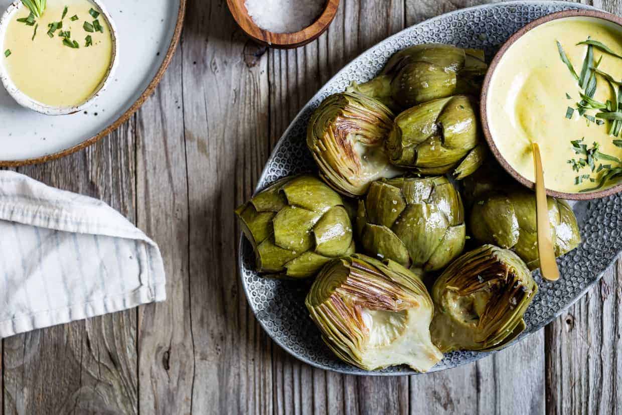 White Wine Braised Artichokes with Cashew Mandarin Tarragon Aioli