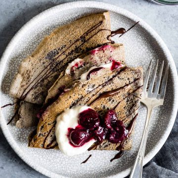 Buckwheat Crepes with Roasted Cherries, Whipped Cream, and Chocolate