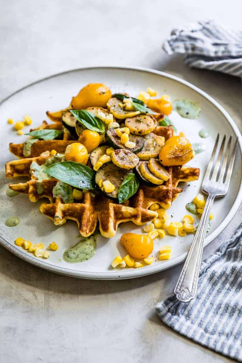 Savory Corn Flour Waffles with Sumac Veggies & Basil Yogurt Sauce {Gluten-Free}