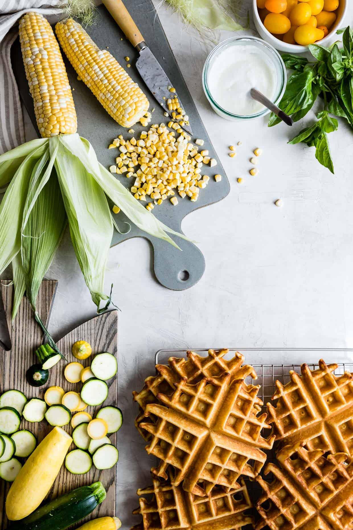 Ghee Corn Flour Waffles with Sumac Veggies & Basil Yogurt Sauce