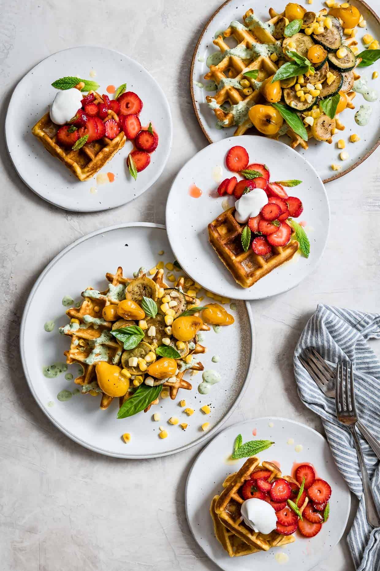 Ghee Corn Flour Waffles with Sumac Veggies & Basil Yogurt Sauce