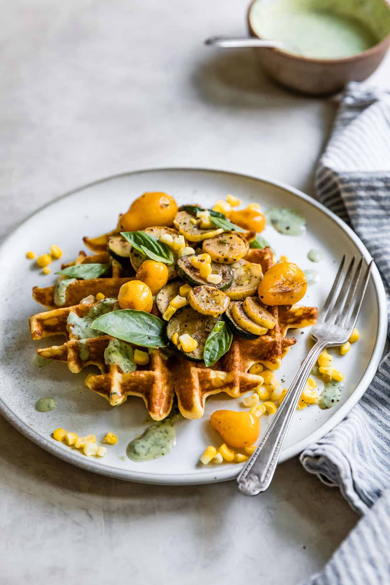 Ghee Corn Flour Waffles with Sumac Veggies & Basil Yogurt Sauce