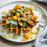 Ghee Corn Flour Waffles with Sumac Veggies & Basil Yogurt Sauce