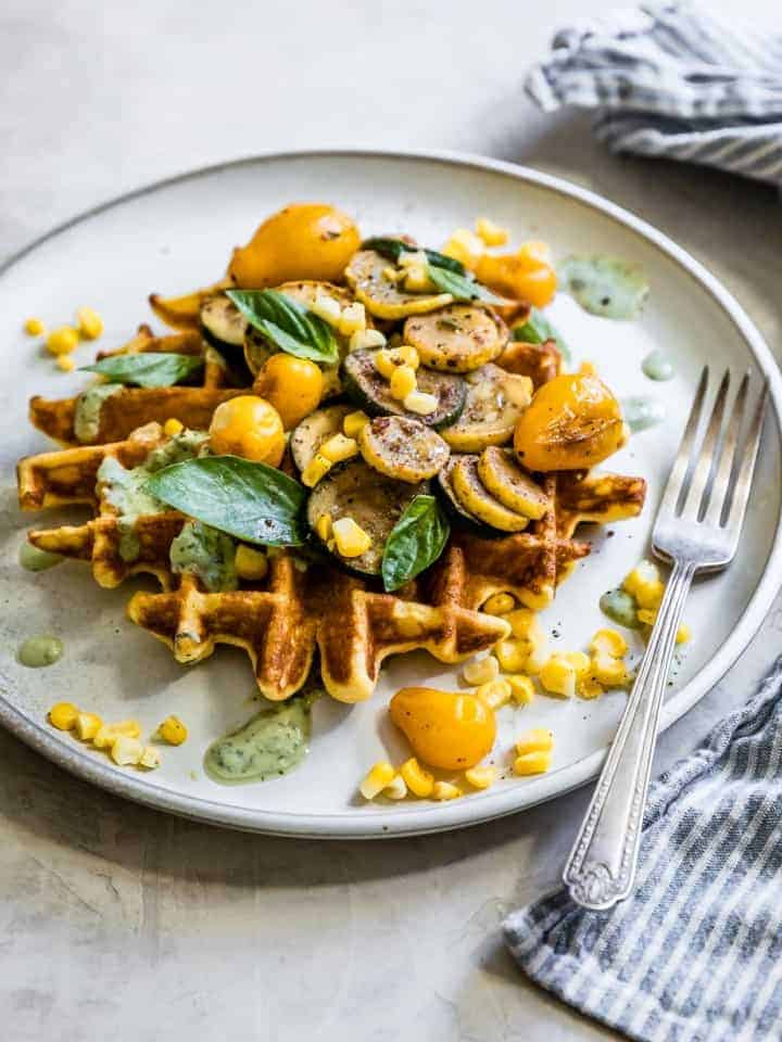 Ghee Corn Flour Waffles with Sumac Veggies & Basil Yogurt Sauce