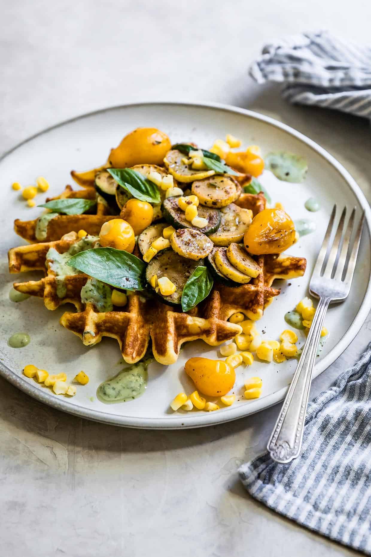 Ghee Corn Flour Waffles with Sumac Veggies & Basil Yogurt Sauce