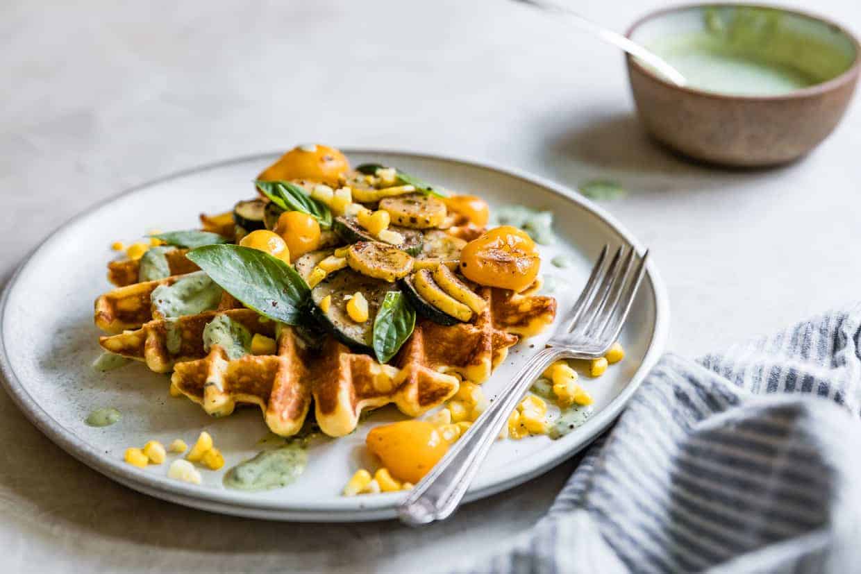 Ghee Corn Flour Waffles with Sumac Veggies & Basil Yogurt Sauce