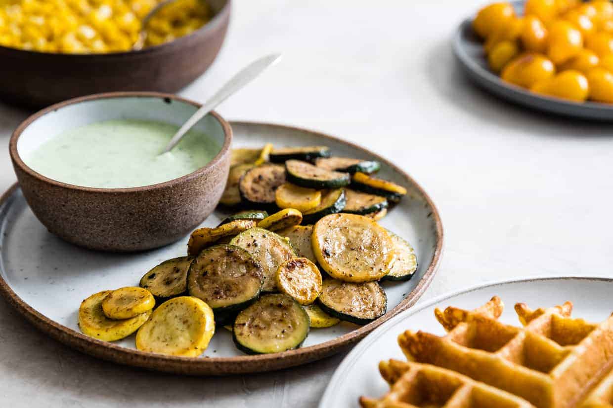 Ghee Corn Flour Waffles with Sumac Veggies & Basil Yogurt Sauce